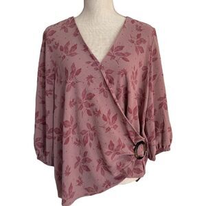 Olivia & Martin, Large, Pink Floral Faux Wrap Style Deep V Neck Blouse